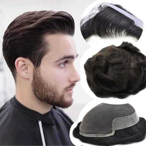 Vista 10 de Tupé de encaje suizo para hombres, piezas de cabello humano real, encaje frontal, sistema de reemplazo de cabello tipo tupé, nudo blanqueado, línea