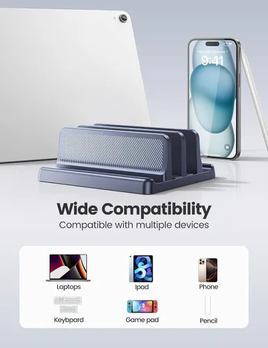 Vista 5 de EAXBUX Soporte vertical 3 en 1 para laptop, organizador ajustable de plástico ABS para computadora portátil, soporte vertical para computadora