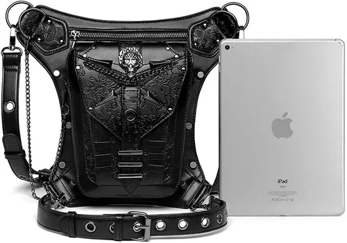 Vista 4 de Steampunk - Bolsa de cintura de piel para motocicleta, bandolera, bandolera, bandolera, bandolera, bolsa, negro - B, talla única