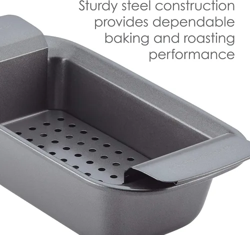 Vista 4 de Rachael Ray Bakeware - Molde antiadherente para asar con estante reversible, 16.5 x 13.5 pulgadas, gris y para hornear pastel de carne/antiadherente