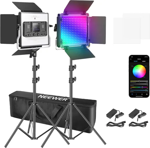 Vista 9 de NEEWER Paquete de 2 luces LED de video RGB1200 con control de aplicación/2.4G, kit de iluminación clave con soportes de trípode y bolsa