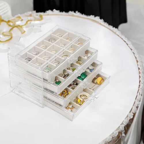 Vista 6 de Togous Organizador de aretes con 4 cajones, organizador de joyas de acrílico transparente para aretes, anillos, pulseras, bandejas de terciopelo