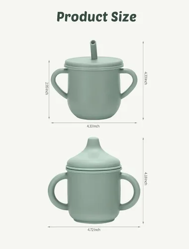 Vista 2 de Juego de tazas de silicona para niños pequeños, 2 tazas con popote y 2 tazas para bebés de 6 meses, tazas de entrenamiento a prueba de derrames a