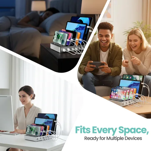 Vista 5 de Estación de carga rápida de 300 W para múltiples dispositivos, concentrador de carga USB de 6 puertos, organizador universal de cargador