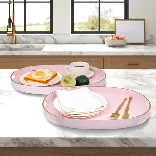 Vista 3 de MAONAME Juego de 2 bandejas decorativas rosadas, bandeja ovalada con asas