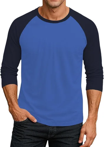 Vista 6 de Camiseta de béisbol raglán para hombre, manga larga, cuello redondo, tela ligera que absorbe la humedad para uso casual