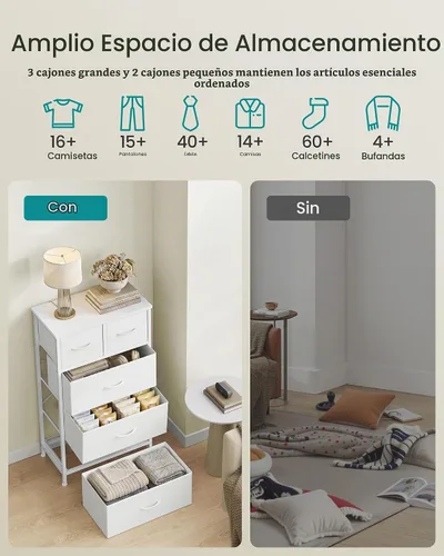 Vista 4 de SONGMICS Cómoda alta para dormitorio, 5 cajones de tela con marco de acero Blanco nube
