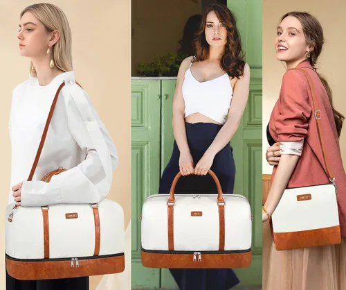 Vista 5 de Bolsa de fin de semana para mujeres y hombres con compartimento para zapatos, de piel sintética, bolsa de viaje para portátil de 20 pulgadas
