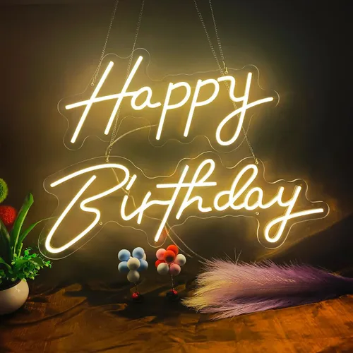 Vista 3 de Letreros de neón súper grandes de feliz cumpleaños para telón de fondo, luz de neón grande de 44.5 pulgadas con atenuador remoto, letreros LED