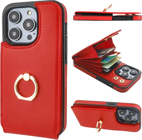 Vista 39 de Folosu Funda tipo billetera compatible con iPhone 14 con soporte para tarjetas, soporte de anillo para dedo con rotación de 360° y función atril
