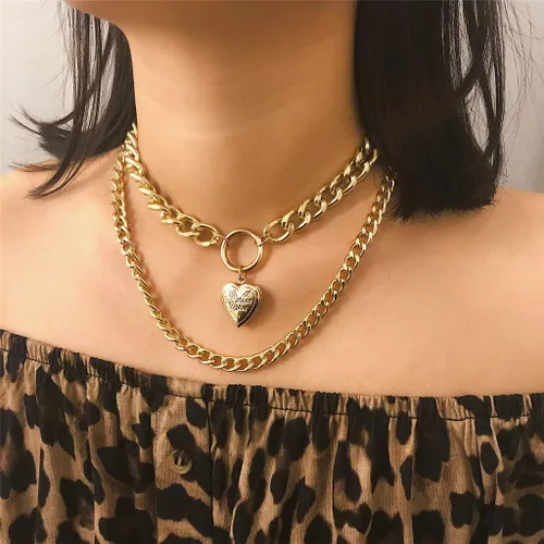 Vista 6 de AfazfaChunky - Collar con candado de oro con colgante de medallón de monedas y cadenas en capas de plata