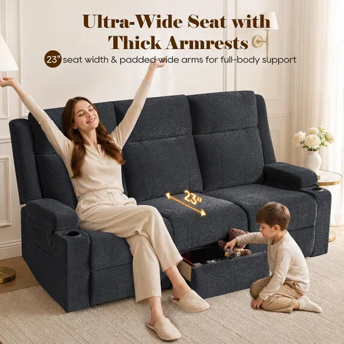 Vista 4 de GUEAPY Sofá reclinable manual grande de 3 plazas – Sofá reclinable de chenilla con portavasos, asiento ancho, fácil montaje y tela resistente a Negro