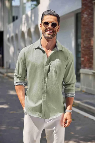 Vista 3 de COOFANDY Camisa de lino con botones para hombre, de manga larga, informal, para playa, con bolsillo