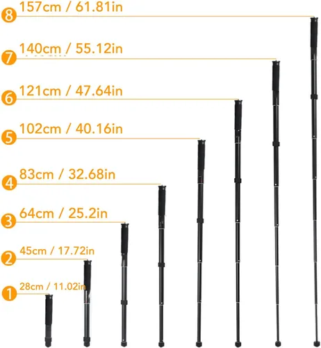 Vista 6 de Monopod de cámara de 62 pulgadas, monopie resistente de 8 secciones, poste de senderismo de aluminio para fotografía con tornillo de conversión