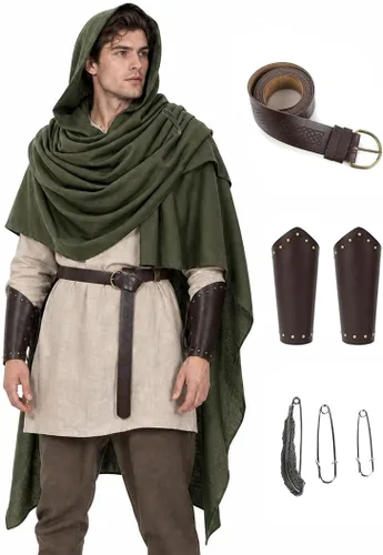 Vista 14 de JPXH Conjunto de bufanda con capucha con cinturón y muñequeras para cosplay medieval Marrón