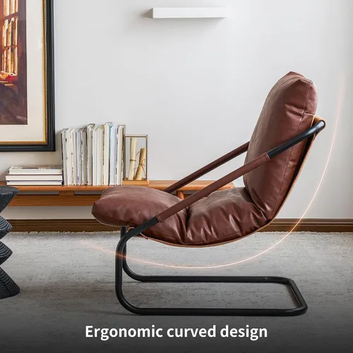 Vista 6 de Sillón cómodo para sala de estar de 27.56 pulgadas de ancho, sillón de estilo vintage, con cojín de cuero marrón profundo y marco de metal.