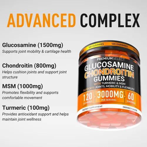 Vista 3 de Gomitas de condroitina de glucosamina para apoyo articular – 120 gomitas de glucosamina extra fuertes 3000 mg con MSM, cúrcuma, calcio, vitamina D3