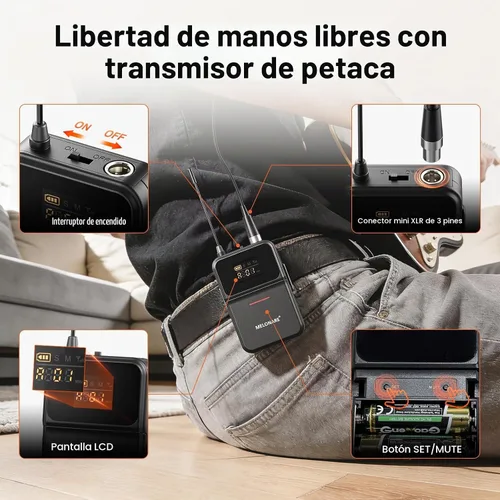 Vista 6 de MELONARE Sistema de micrófono inalámbrico de 4 canales, juego de micrófono inalámbrico UHF con frecuencias de 4x10, 200 pies, 2 micrófonos dinámicos