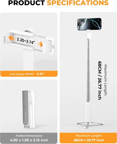 Vista 4 de Trípode para selfie, trípode plegable para teléfono para iPhone/Android, control remoto inalámbrico, portátil, tamaño de bolsillo, para fotografía