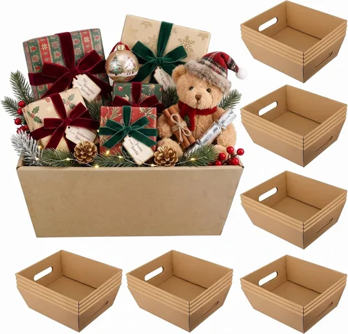 Vista 9 de Fainne - 20 cestas de regalo vacías con asas de 10 x 8 pulgadas, cestas de cartón kraft vacías a granel para recuerdos de fiesta, cumpleaños, boda