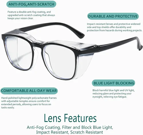 Vista 4 de Feaglo Lentes de seguridad, antivaho para mujeres y hombres, bloqueo de luz azul, elegantes gafas de protección para los ojos, escudo lateral