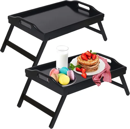 Vista 8 de Artmeer Mesa Bandeja de Cama con Patas Plegables, Bandeja de Desayuno de Bambú con Asas Ideal para Sofá, Cama, Comer, Trabajar, Usada Como