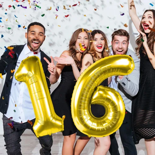 Vista 5 de Globos de 16 globos de 40 pulgadas, globos de cumpleaños de 16 años, decoraciones doradas de 16 cumpleaños para mujeres, él y ella, globos gigantes