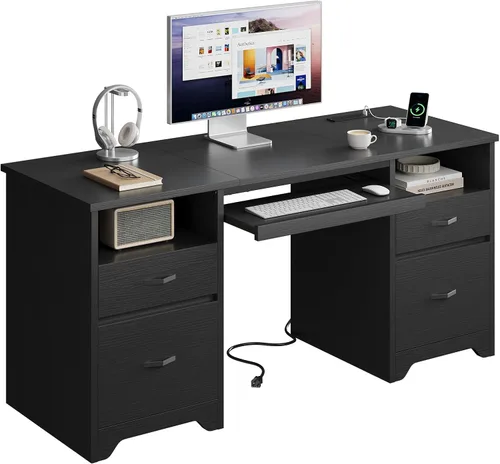 Vista 10 de Bestier Escritorio Ejecutivo de 77.8" de Alto con Estante Superior, Escritorio Moderno de Madera para Computadora con Cajones, Estación de Carga