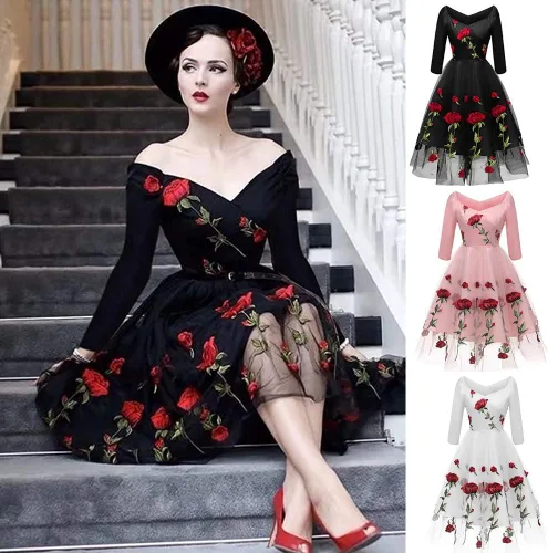 Vista 2 de Vestido de noche vintage con hombros descubiertos y estampado floral, cuello en V, mangas 34, vestido midi acampanado para cóctel de boda