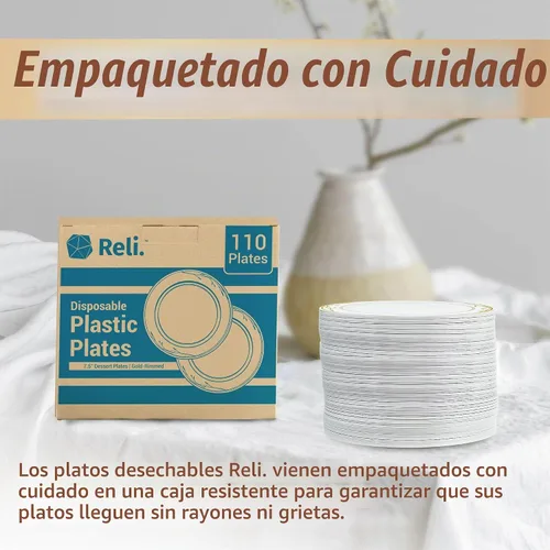 Vista 6 de Reli. Platos de postre de plástico blanco y dorado, 7.5 pulgadas, 110