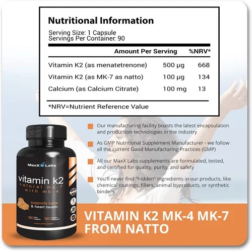 Vista 4 de Suplementos de vitamina K2 – Vitamina K2 de espectro completo MK7, MK4 y calcio – Vitamina K de alta resistencia funciona con vitamina D3 K2 5000 UI