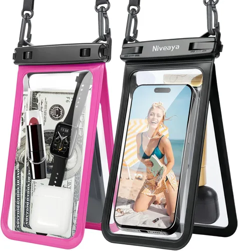 Vista 21 de Niveaya Bolsa impermeable para teléfono con doble espacio - 2 unidades, funda impermeable con cordón para iPhone 16/15/14/13/12 Pro Max hasta 8.3
