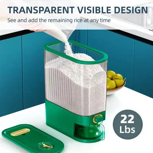 Vista 5 de Dispensador de arroz, contenedor de arroz de 22 libras a 25 libras con taza medidora, tapa mejorada con diales de tiempo y caja fresca incorporada.