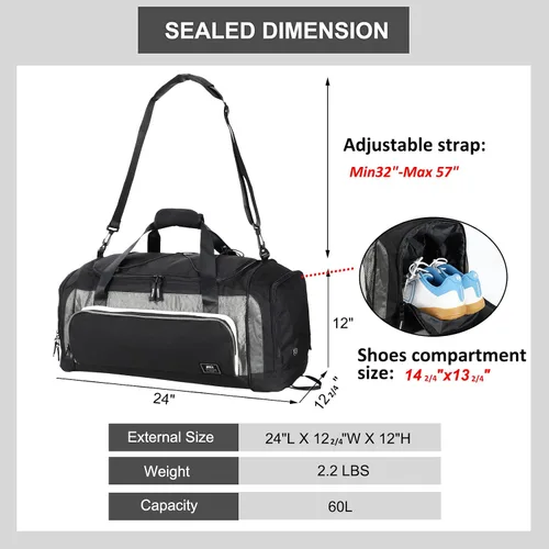 Vista 5 de MIER Bolsa de lona grande para hombre, bolsa de gimnasio con compartimento para zapatos, 60L
