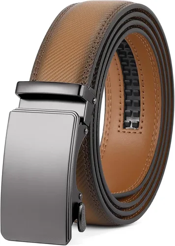 Vista 6 de SENDEFN Cinturón de cuero para hombre, con hebilla de trinquete automática, cinturón casual de 1 3/8 pulgadas de ancho, ribete ajustable