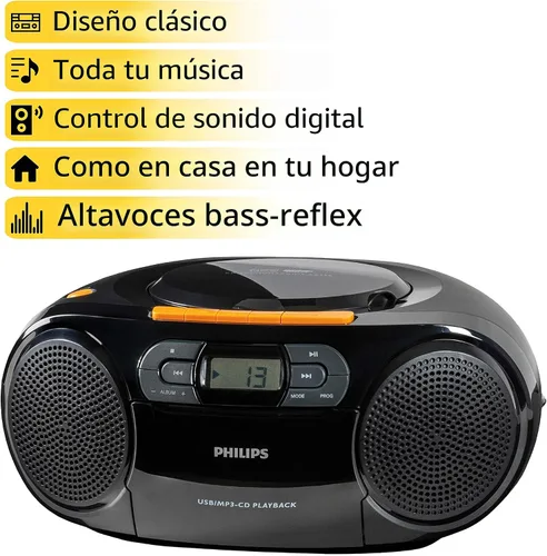 Vista 4 de Philips Reproductor de CD portátil Boombox - Reproductor de MP3 portátil y reproductor de cinta de casete, sistema de sonido estéreo compacto Boom