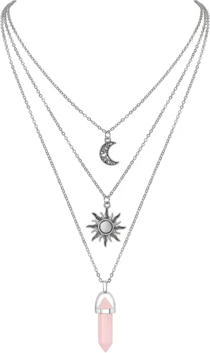 Vista 8 de Collar gótico de sol y luna para mujer, collares con colgante de cristal, accesorios Y2K, collar de luna creciente en capas para mujer, collar