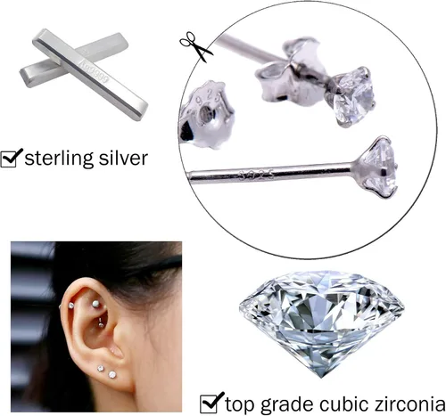Vista 6 de Pendientes de tuerca de 3 mm con circonita cúbica pequeña y diamantes de plata de ley para perforación