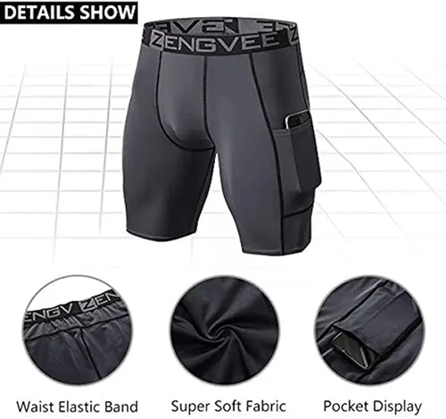 Vista 3 de ZENGVEE Pantalones cortos de compresión para hombre, paquete de 3 con bolsillo, pantalones cortos para correr, gimnasio, natación, yoga, escalada