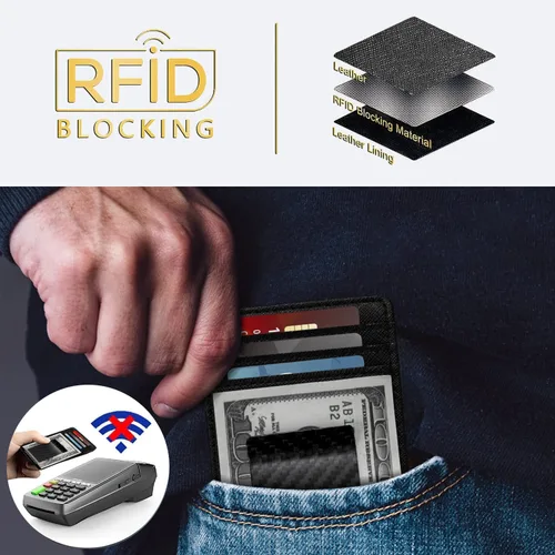 Vista 3 de Travelambo Clip para dinero para hombre, de piel, delgado, minimalista, con bloqueo RFID (tejido negro), Cros negros con clip mate, Minimalista
