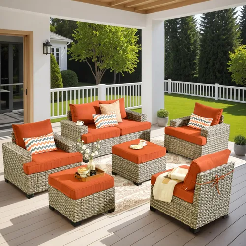 Vista 23 de HOOOWOOO Juego de Muebles Seccionales para Patio al Aire Libre, 6 Piezas Juegos de Conversación de Mimbre Sofá en Forma de L, Sofá Extra Profundo