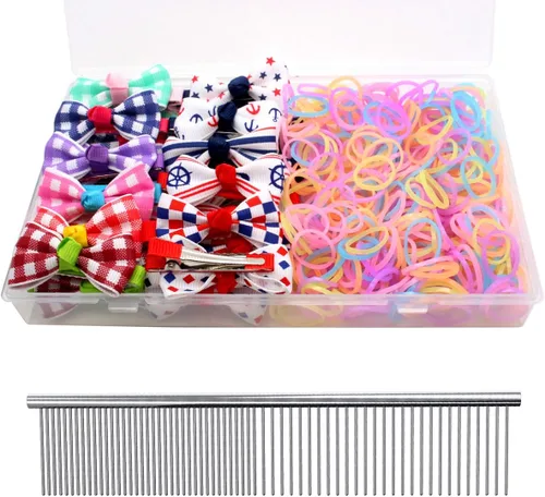 Vista 18 de YOY 20 adorables lazos para el pelo de perro con clips y 1000 bandas de goma y 1 peine de acero para peluquería, nudo superior de cachorro, moño