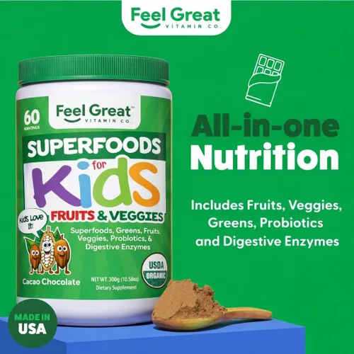 Vista 2 de Feel Great USDA Organic Super Greens para niños Polvo de verduras de chocolate vegano con polvo vegetal para niños Polvo de superalimentos