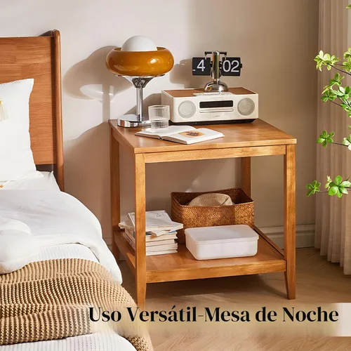 Vista 8 de Mesa auxiliar, mesa auxiliar cuadrada de madera maciza con estante de almacenamiento, mesa auxiliar de 2 niveles para sala de estar, mesa de sofá