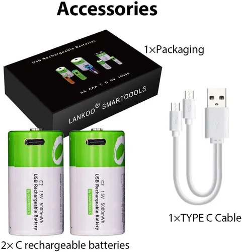 Vista 7 de Baterías C recargables de 1.5 V, 5000 mWh, batería recargable de iones de litio USB C con cable de carga USB tipo C, carga rápida de alta capacidad
