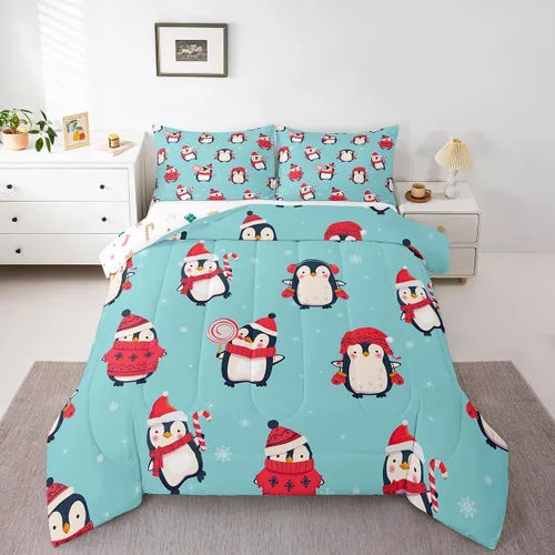 Vista 8 de Erosebridal Juego de ropa de cama Kawaii de muñeco de nieve tamaño individual para niños y niñas, juego de ropa de cama de feliz año nuevo, edredón