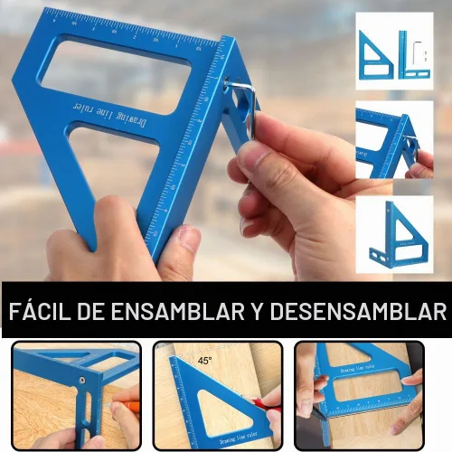 Vista 3 de Regla de medición multiángulo imperial 3D de 6 pulgadas, transportador cuadrado de carpintería de aleación de aluminio de 45/90 grados, línea
