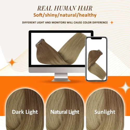 Vista 9 de Full Shine Extensiones de cabello humano con clip de 12 pulgadas, extensiones de cabello con clip de castaño claro a rubio, extensiones de cabello