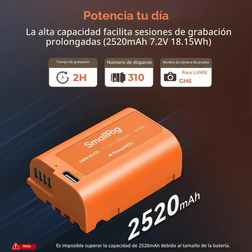Vista 2 de SMALLRIG DMW-BLK22 USB-C Batería para Panasonic, 2520mAh 2.5H Carga Rápida Naranja