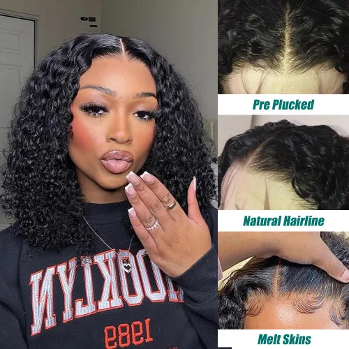 Vista 2 de Curly Bob Wig Human Hair 13x4 Hd Lace Front Wigs Human Hair Pre Plucked 10" Lace Frontal Bob Wig, 180 Dentisty, Kinky Curly, Natural Hairline with